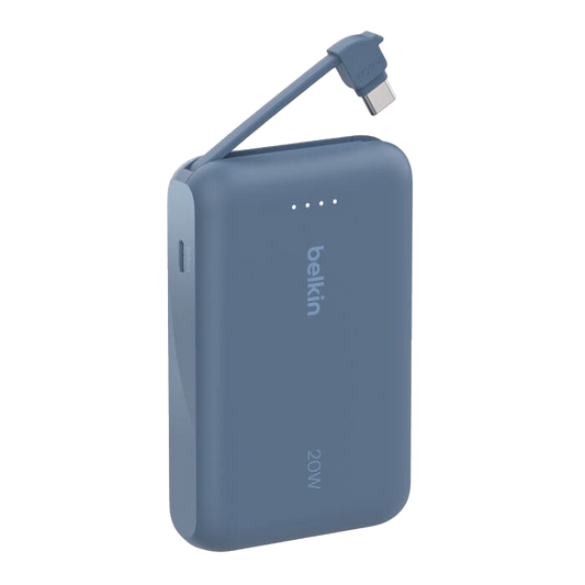 باور بنك Belkin BoostCharge بسعة 10,000 مللي أمبير مع كابل USB-C مدمج بقدرة 20 واط - أزرق