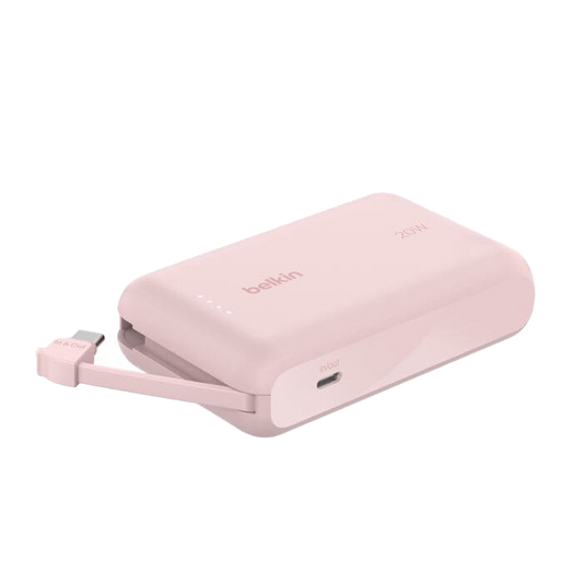 باور بنك Belkin BoostCharge بسعة 10,000 مللي أمبير مع كابل USB-C مدمج بقدرة 20 واط - وردي