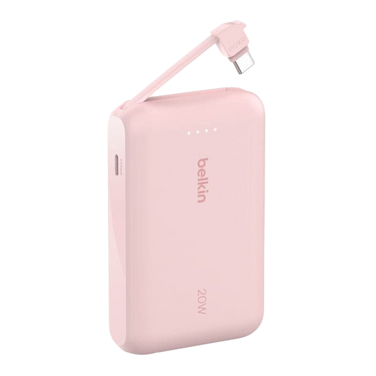 باور بنك Belkin BoostCharge بسعة 10,000 مللي أمبير مع كابل USB-C مدمج بقدرة 20 واط - وردي