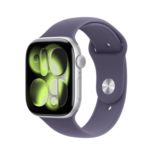 Front slight left display view of the Apple Watch Series 11 GPS 46mm Silver Aluminium Case with Purple Fog Sport Band S/M available at Tradeline.
