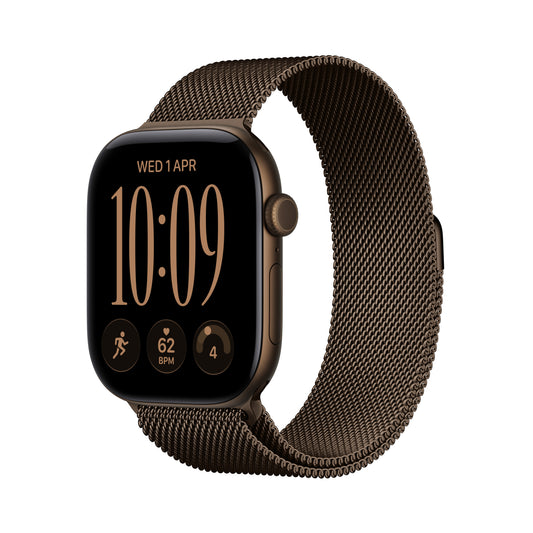 Front side perspective view of the Apple Watch Series 12 GPS 46mm Dark Bronze Aluminum Case with Dark Bronze Milanese Loop S/M at Tradeline.