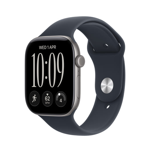 Front side perspective shot of the Apple Watch Series 12 GPS 46mm Space Gray Aluminum Case with Navy Blue Sport Band M/L at Tradeline.