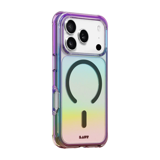 Side back perspective illustrating the reinforced impact-absorbing frame of the Laut AERO HOLO iPhone 17 Pro Max Holo Midnight case from Tradeline Egypt.