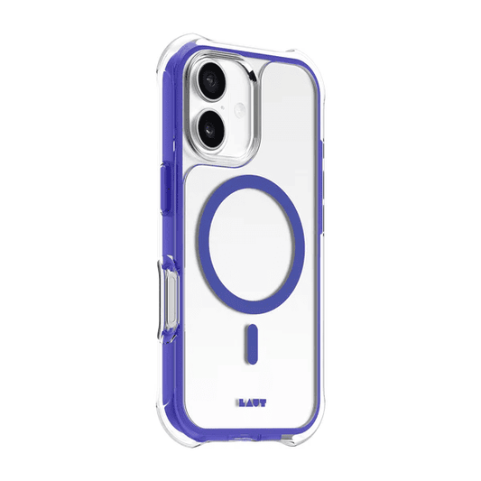 Side back look illustrating the precise port cutouts and volume tabs on the Laut AERO PROTECT iPhone 17 Future Blue skin from Tradeline Egypt.
