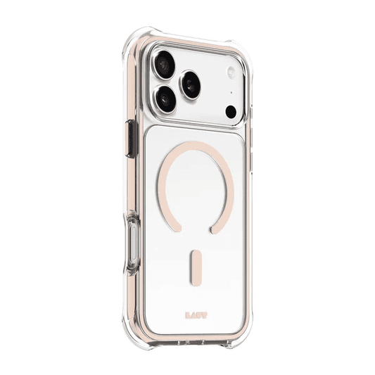Side back view detailing the raised screen bezel protective lips of the Laut AERO PROTECT iPhone 17 Pro Max Saddle Brown skin from Tradeline Egypt.