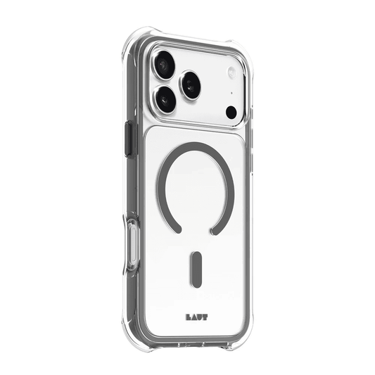 Side back profile showing the precise button overlays on the Laut AERO PROTECT iPhone 17 Pro Max Shadow Grey cover at Tradeline Egypt.