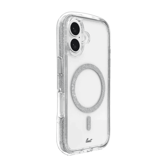 Side back view highlighting the secure grip boundaries of the Laut AERO SPARKLE iPhone 16 Crystal Silver sparkly case from Tradeline Egypt.