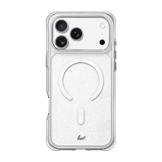 Rear view of the crystal-clear Laut AERO SPARKLE protective case for iPhone 17 Pro with Crystal Silver glitter highlights from Tradeline.