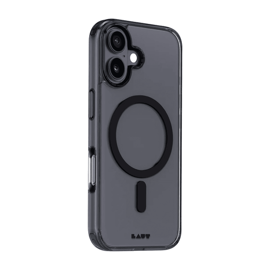 Side back profile view highlighting the secure grip boundaries of the Laut CRYSTAL FLURO iPhone 17 Clear Black protective case from Tradeline Egypt.