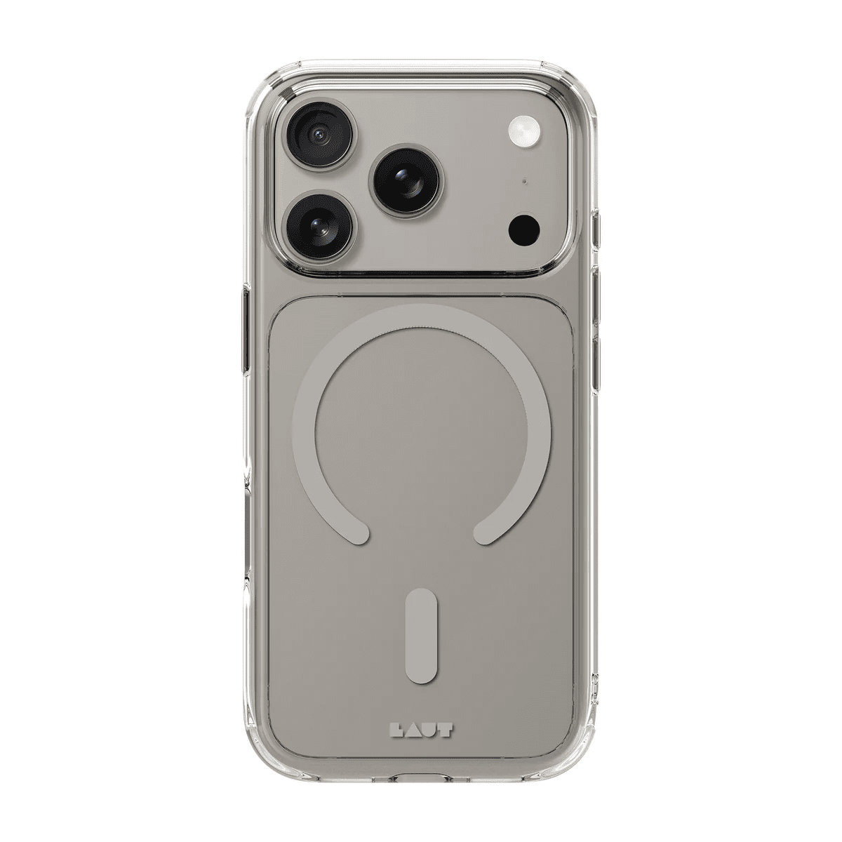 Rear view of the protective Laut CRYSTAL FLURO clear phone cover for iPhone 17 Pro Max in Clear Grey at Tradeline.