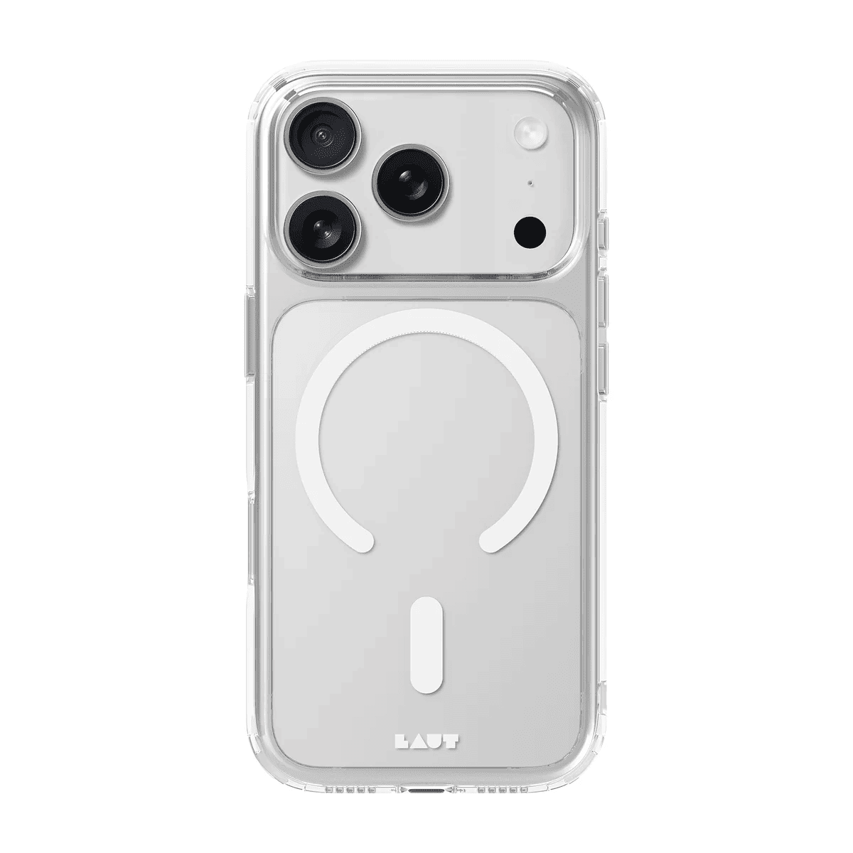 Rear view showcasing the translucent panel of the Laut CRYSTAL FLURO case for iPhone 17 Pro Max in Clear Light Grey from Tradeline.