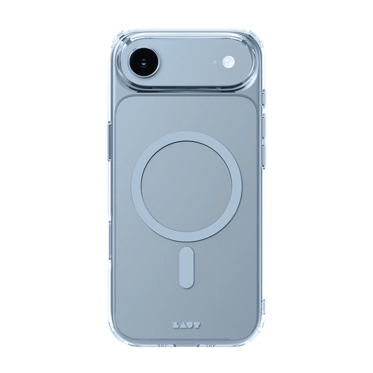 Rear view of the transparent Laut CRYSTAL FLURO back cover for iPhone Air featuring Light Blue neon accents at Tradeline.