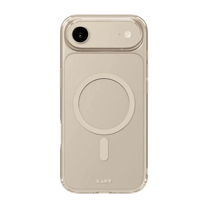 Rear view of the transparent Laut CRYSTAL FLURO case for iPhone Air with subtle Light Gold bumper accents available at Tradeline.