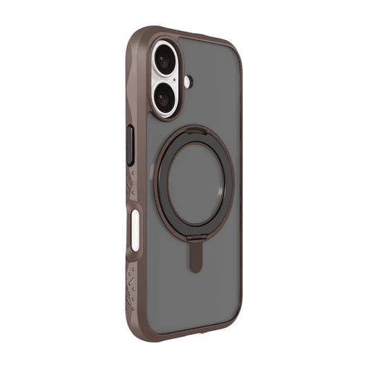 Back side profile showing the secure ergonomic hold of the Laut CRYSTAL MATTER iPhone 16 Earth Brown case from Tradeline Egypt.