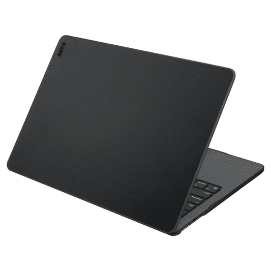Quarterly open view showcasing the slim LAUT HUEX bumper case for MacBook Pro 14-inch 2023/2021 in Frost Black at Tradeline.