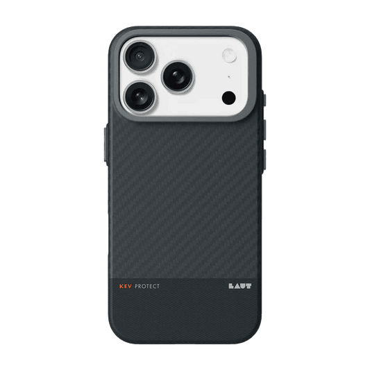 Rear view showcasing the scratch-resistant back panel of the Laut KEV PROTECT Dupont Aramid Fiber case for iPhone 17 Pro Black at Tradeline.