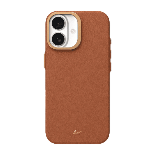 Rear view of the premium Laut LUXEDGE case for iPhone 17 in Luxe Brown showing its textured faux leather back panel at Tradeline.