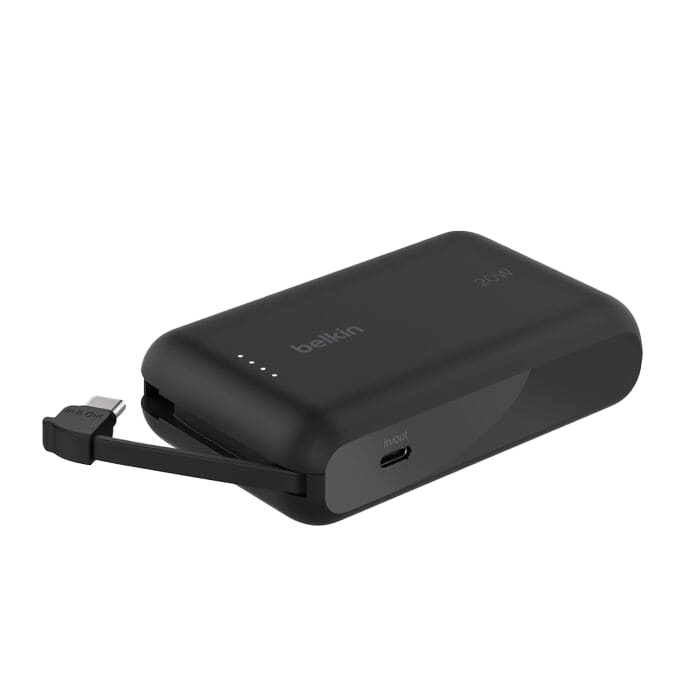 باور بنك Belkin BoostCharge بسعة 10,000 مللي أمبير مع كابل USB-C مدمج بقدرة 20 واط - أسود