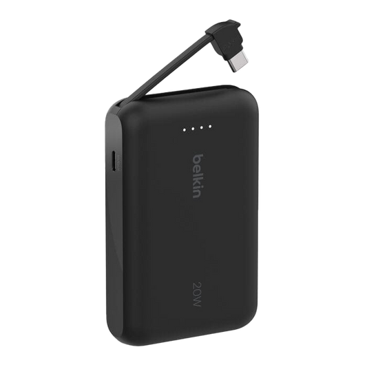 باور بنك Belkin BoostCharge بسعة 10,000 مللي أمبير مع كابل USB-C مدمج بقدرة 20 واط - أسود