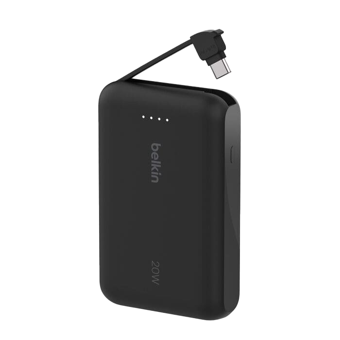 باور بنك Belkin BoostCharge بسعة 10,000 مللي أمبير مع كابل USB-C مدمج بقدرة 20 واط - أسود