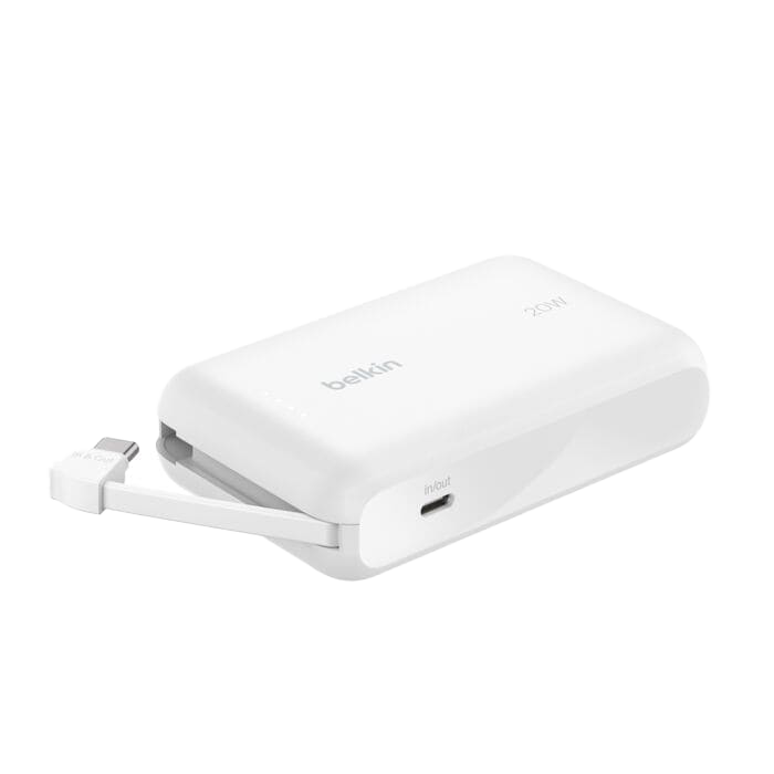 باور بنك Belkin BoostCharge بسعة 10,000 مللي أمبير مع كابل USB-C مدمج بقدرة 20 واط - أبيض
