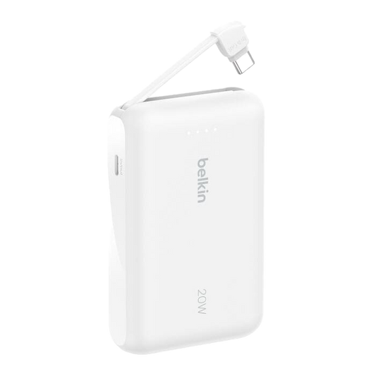 باور بنك Belkin BoostCharge بسعة 10,000 مللي أمبير مع كابل USB-C مدمج بقدرة 20 واط - أبيض