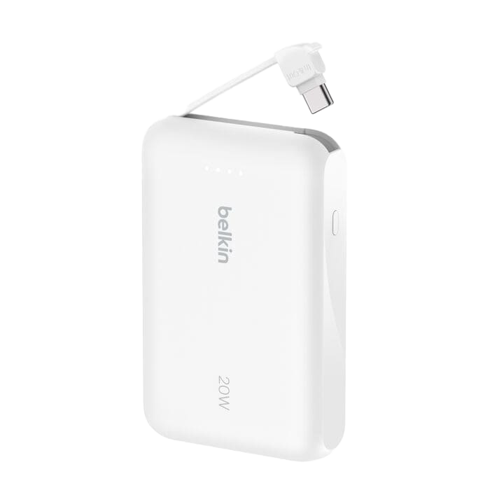 باور بنك Belkin BoostCharge بسعة 10,000 مللي أمبير مع كابل USB-C مدمج بقدرة 20 واط - أبيض