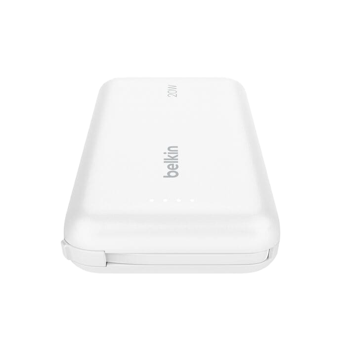 باور بنك Belkin BoostCharge بسعة 10,000 مللي أمبير مع كابل USB-C مدمج بقدرة 20 واط - أبيض