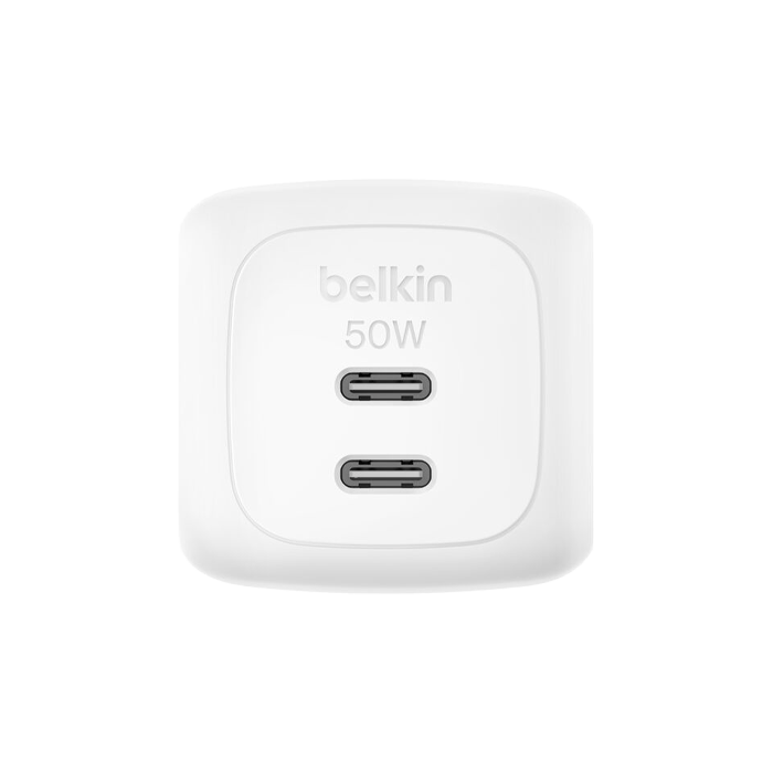 شاحن Belkin BoostCharge Pro بقدرة 50 واط ومنفذي USB-C بتقنية GaN - أبيض