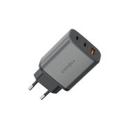 ENERGEA Ampcharge GaN65, 2 Port USB-C + 1 USB-A Wall Charger 65W - GUNMETAL