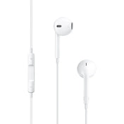 Apple EarPods with a 3.5 mm headphone plug, featuring a built-in remote and microphone along the cord for controlling media playback and answering calls.