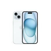 A studio product render of the blue iPhone 15 showing both the rear panel with its diagonal dual-lens camera module inside a square bump and the front display featuring the pill-shaped Dynamic Island cutout.