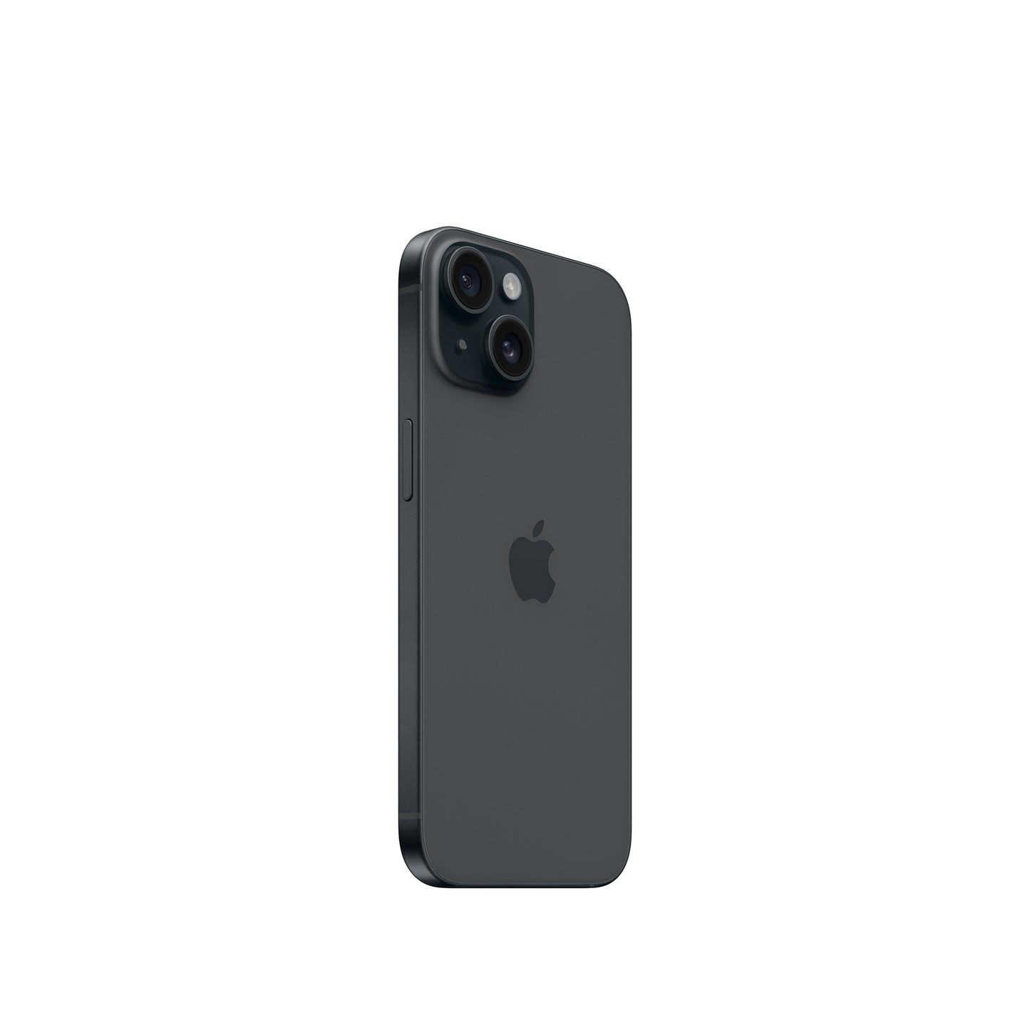 An angled rear view of the black iPhone 15 showcasing the diagonal dual-lens camera system within its square enclosure.