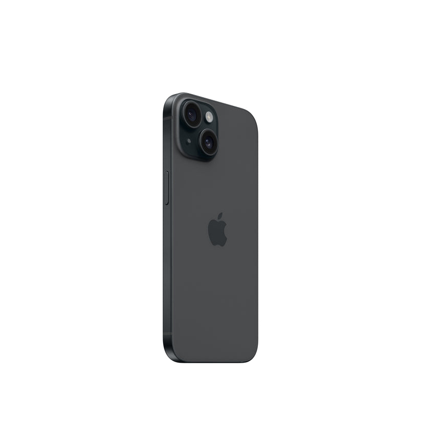 An angled rear view of the black iPhone 15 showcasing the diagonal dual-lens camera system within its square enclosure.