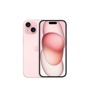 A studio product render of the pink iPhone 15 showing both the rear panel with its diagonal dual-lens camera module inside a square bump and the front display featuring the pill-shaped Dynamic Island cutout.