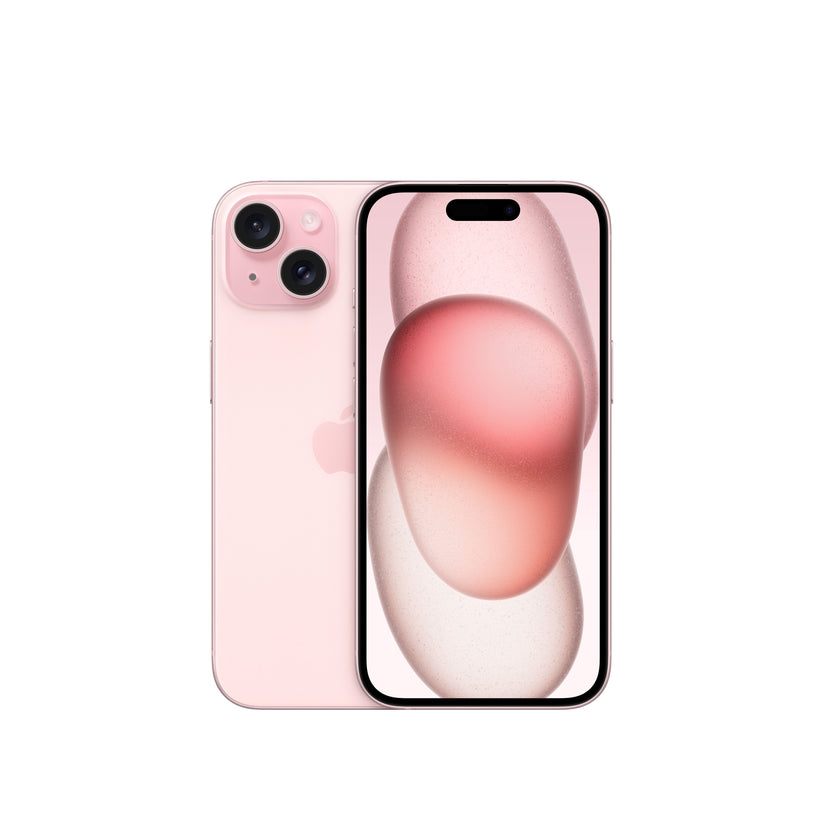 A studio product render of the pink iPhone 15 showing both the rear panel with its diagonal dual-lens camera module inside a square bump and the front display featuring the pill-shaped Dynamic Island cutout.