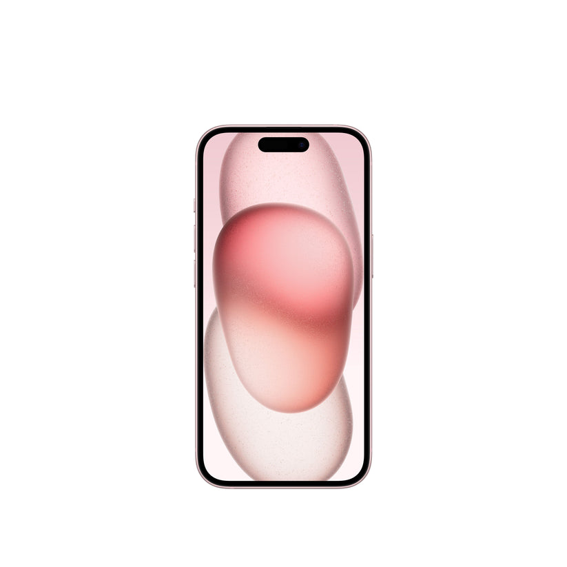 A studio product render of the pink iPhone 15 showing the front display with its pill-shaped Dynamic Island cutout and thin bezels.