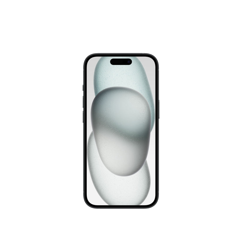 A studio product render of the black iPhone 15 showing the front display with its pill-shaped Dynamic Island cutout and thin bezels.