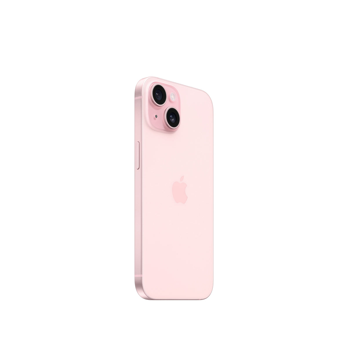 An angled rear view of the Pink iPhone 15 showcasing the diagonal dual-lens camera system within its square enclosure.
