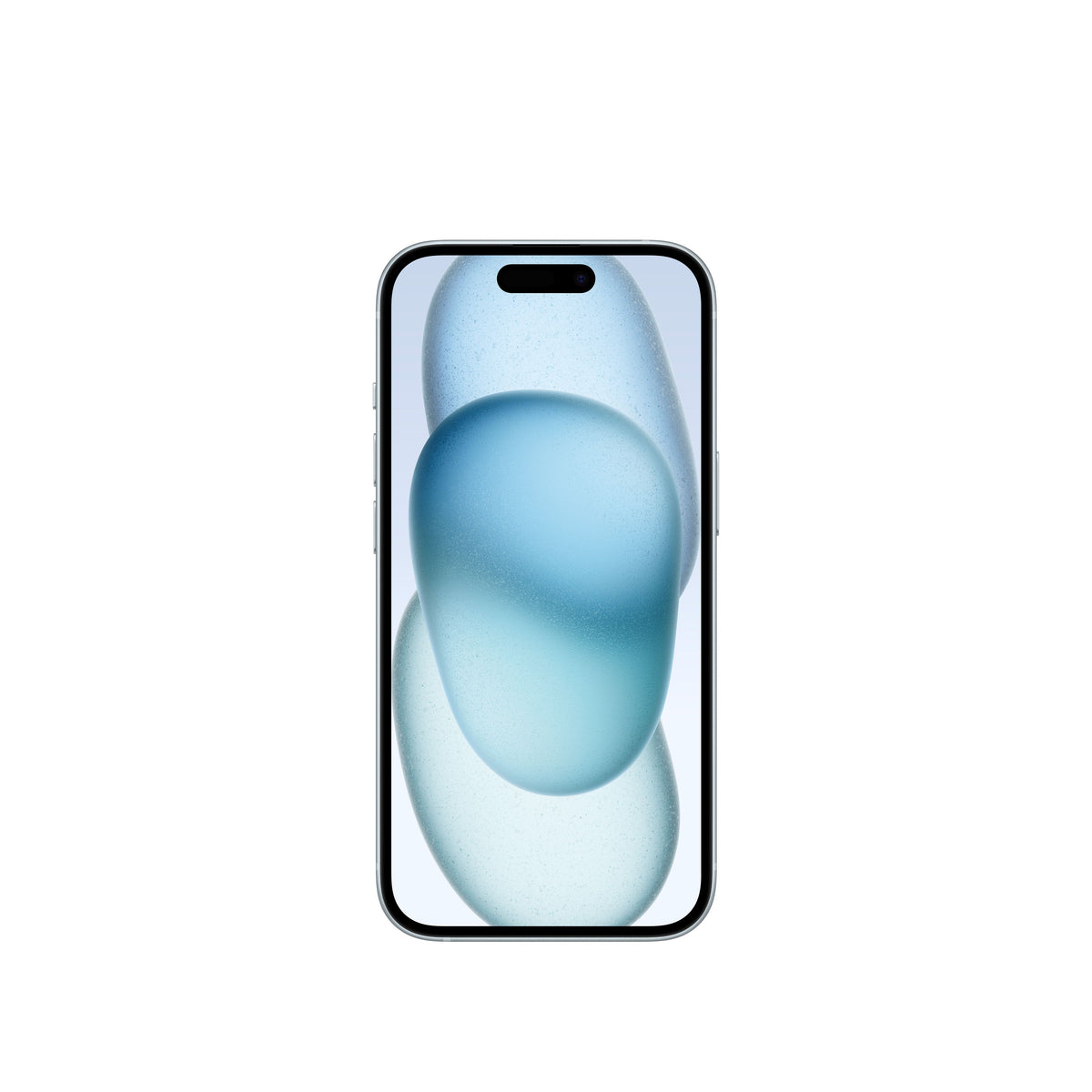 A studio product render of the blue iPhone 15 showing the front display with its pill-shaped Dynamic Island cutout and thin bezels.