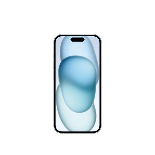 A studio product render of the blue iPhone 15 showing the front display with its pill-shaped Dynamic Island cutout and thin bezels.