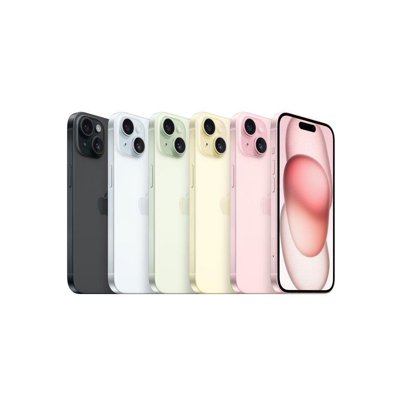 A lineup view showcasing the full range of iPhone 15 color options—Black, Blue, Green, Yellow, and Pink—displayed side by side with diagonal dual-lens rear modules and the Dynamic Island on the front-facing device.