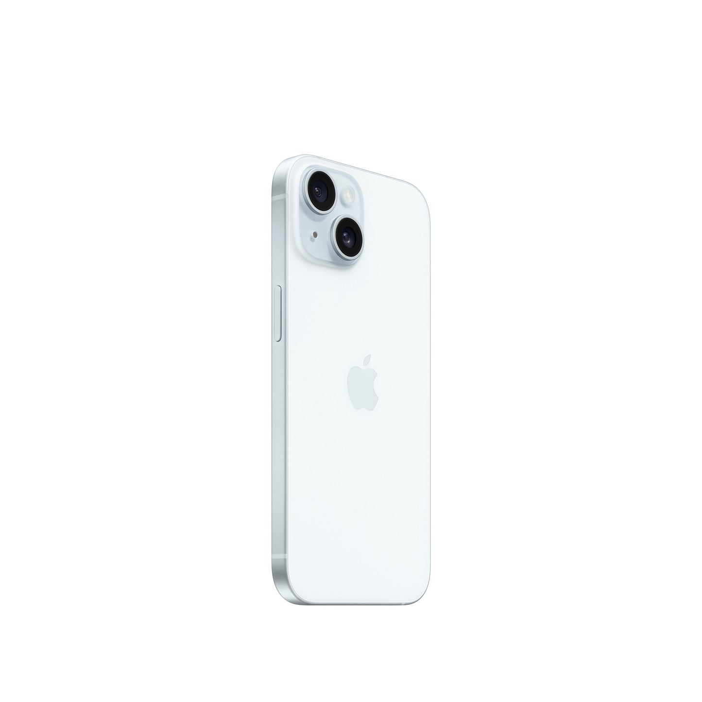 An angled rear view of the blue iPhone 15 showcasing the diagonal dual-lens camera system within its square enclosure.