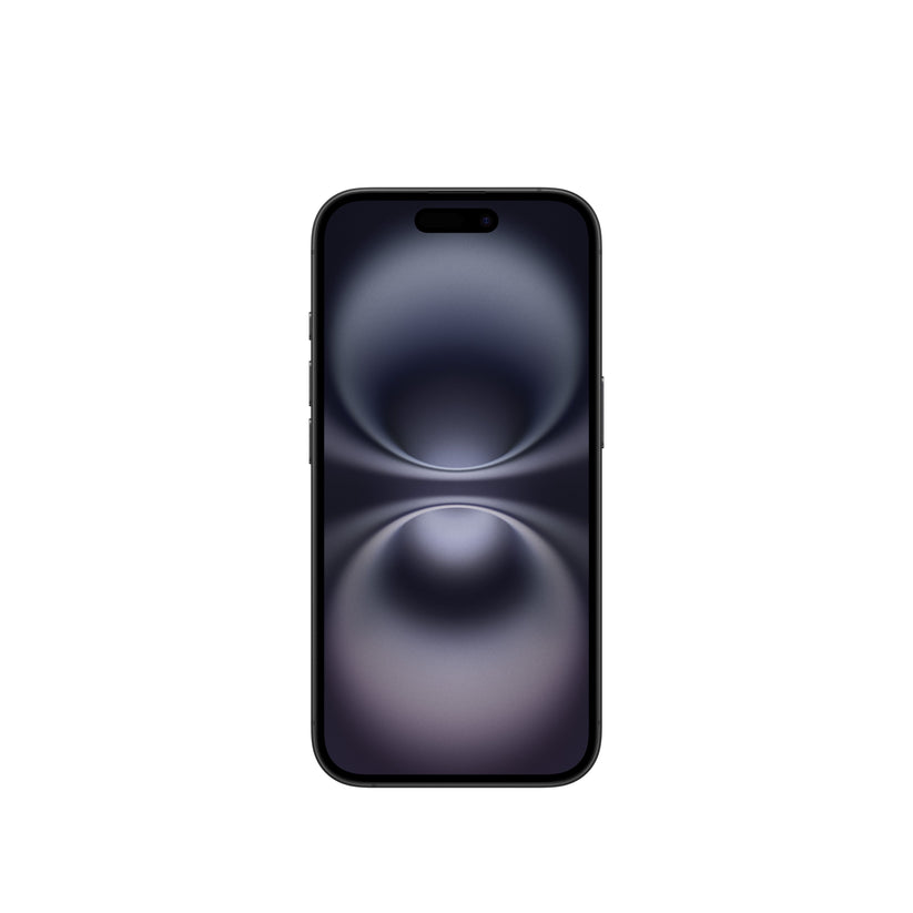 A front-facing view of the dark-colored iPhone 16 showcasing its Super Retina XDR display, slim bezels, physical side buttons on the edge, and the pill-shaped Dynamic Island cutout.