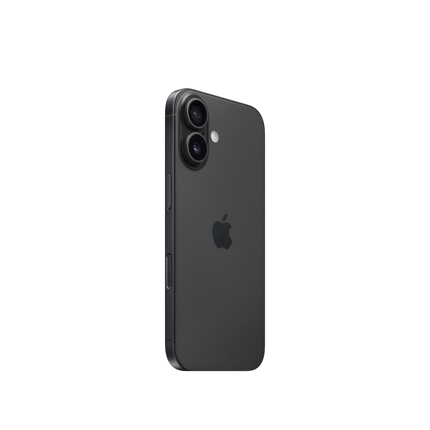 An angled rear view of the dark-colored iPhone 16 highlighting its matte glass back, centered Apple logo, vertical dual-lens camera pill, and the physical buttons along the left edge.
