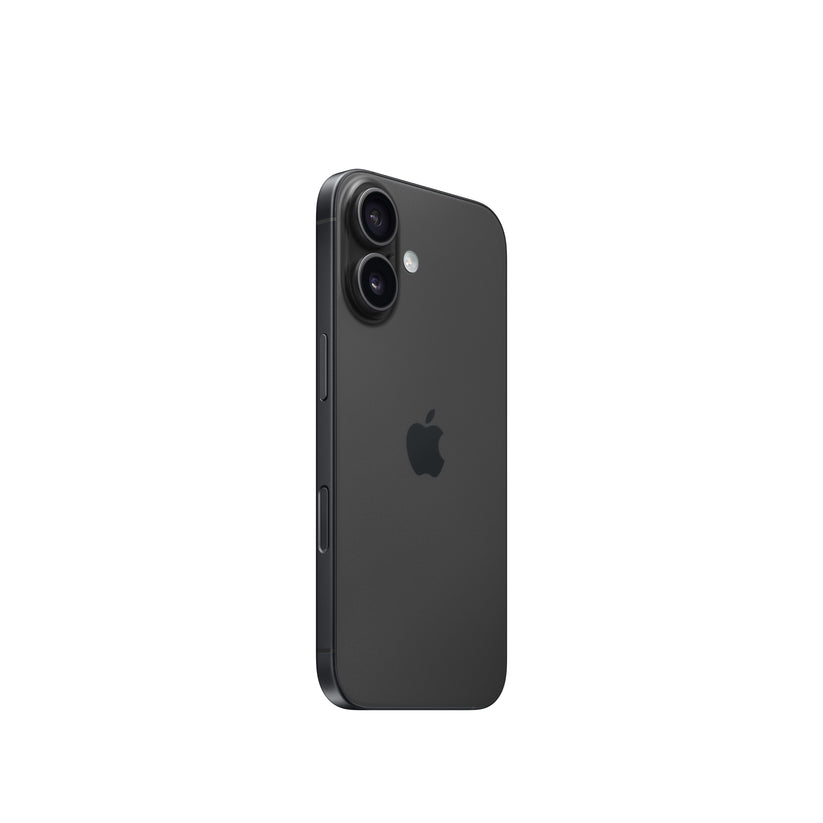 An angled rear view of the dark-colored iPhone 16 highlighting its matte glass back, centered Apple logo, vertical dual-lens camera pill, and the physical buttons along the left edge.