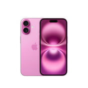 A dual view of the pink iPhone 16 showcasing both the rear panel with its vertical dual-lens camera module and centered Apple logo, alongside the front-facing Super Retina XDR display featuring slim bezels and the pill-shaped Dynamic Island cutout.