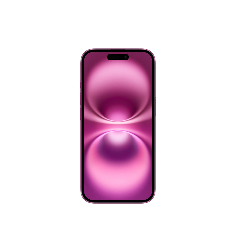 A front-facing view of the pink iPhone 16 showing its vibrant pink Super Retina XDR display, slim bezels, side buttons along the color-matched frame, and the pill-shaped Dynamic Island cutout.