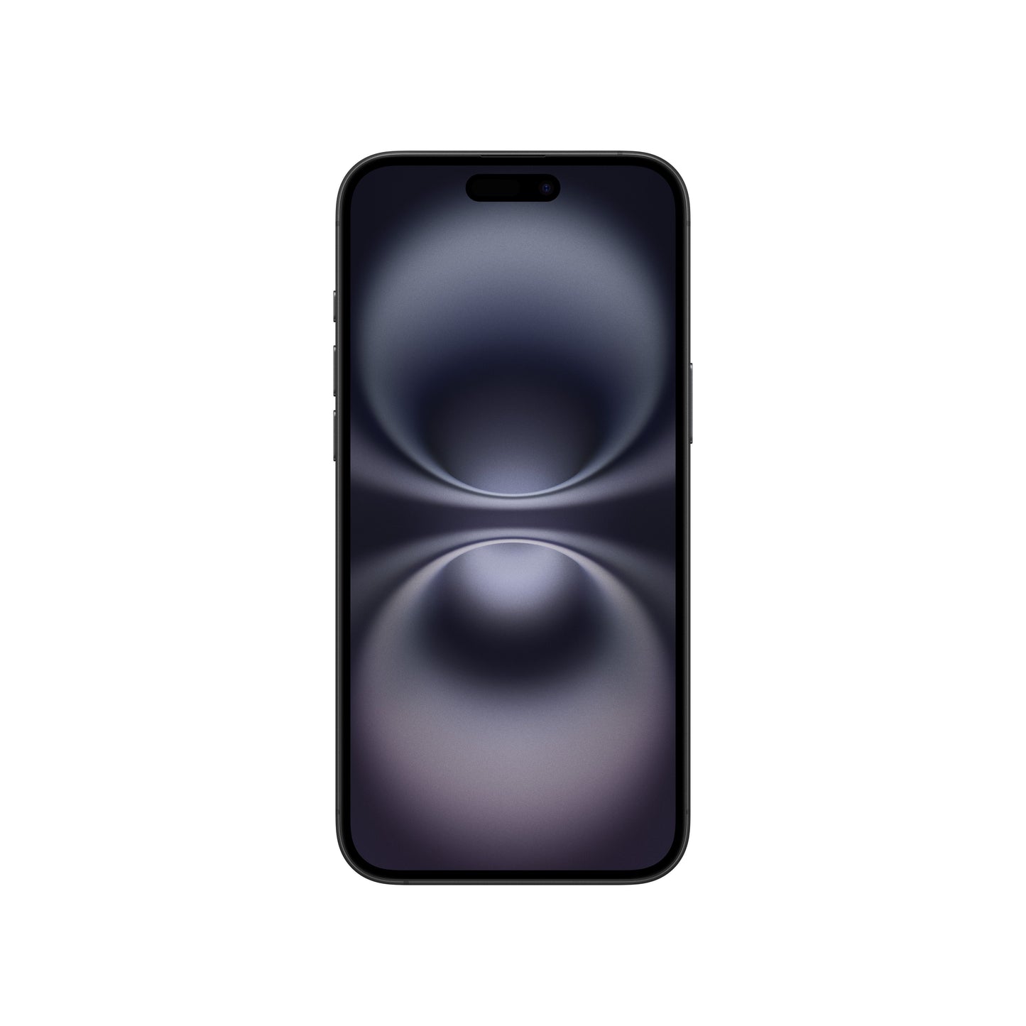 A front-facing view of the dark-colored iPhone 16 showcasing its Super Retina XDR display, slim bezels, physical side buttons on the edge, and the pill-shaped Dynamic Island cutout.