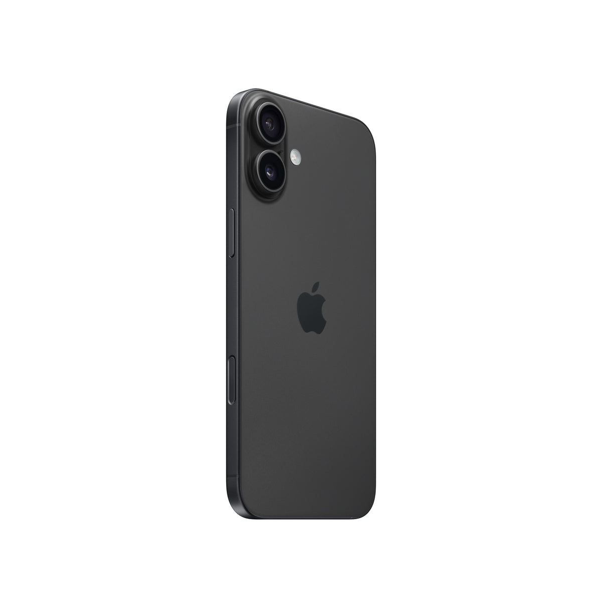 An angled rear view of the dark-colored iPhone 16 highlighting its matte glass back, centered Apple logo, vertical dual-lens camera pill, and the physical buttons along the left edge.v